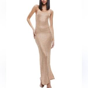 Gold Glitter Knit Slinky Cami Maxi Dress Y2K Back Slit Size Medium By Jump 90’s